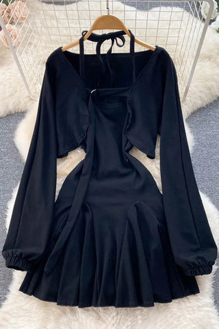 Backless Sleeveless Mini Dress Long Sleeve Crop Tops Two Piece Set