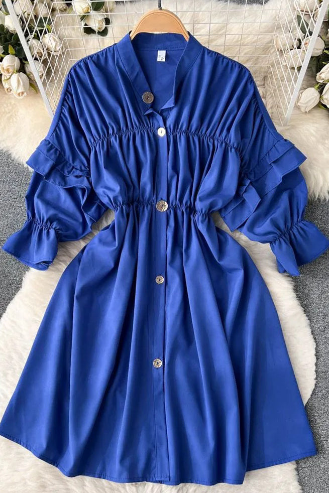 Elegant Puff Sleeve Casual Shirt Dress