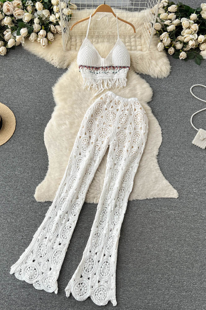 Two Piece Sets Backless Hook Hollow Out Tassel Camisole Elastic Waist Long Pants Knit Beach Style Suits