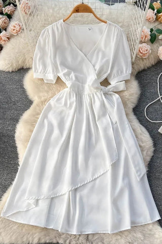 Elegant Puff Sleeve Lace-up Wrap Robe Femme Casual A-Line Long Dress