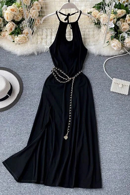 Chains Belt High Split Long Dress Backless Party Dress