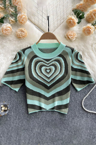 Short Sleeves Knitted Tops O Neck Elastic Waist Short T Shirt Style Heart Print Knit Blouse