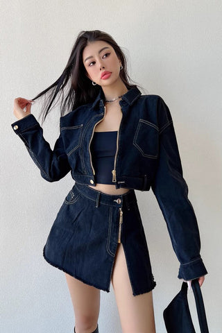 Zipper Denim Set Loose Versatile Short Coat High Waist Split Short Skirt