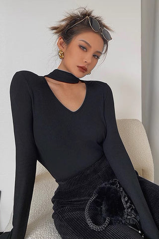 Sexy Hanging Neck Long Sleeve Underlay Elastic Top