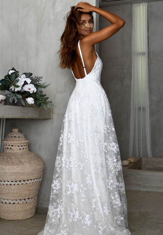 V-neck Lace Open Long Dress