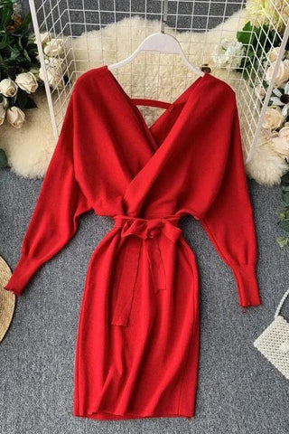 Knitted Sweater Dress V Neck Elegant Dress Ladies Bandage Dress