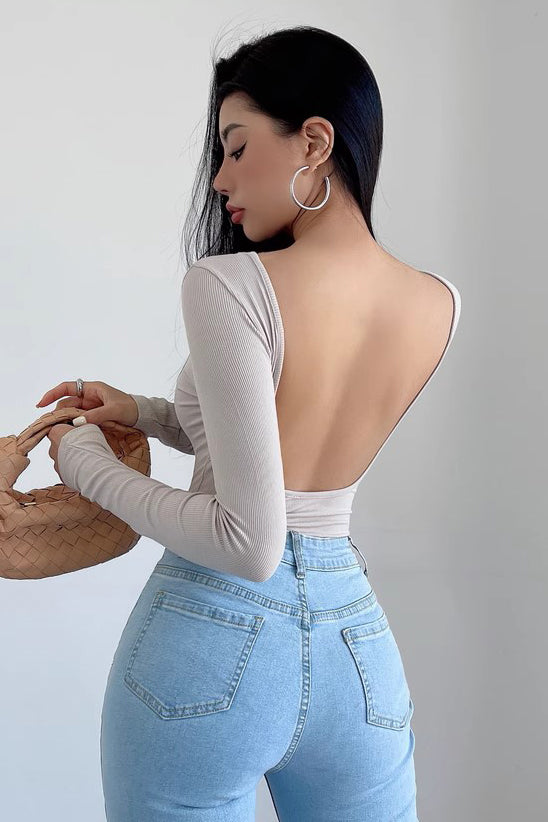 Open Back Elastic Tight Long Sleeve Bodysuit