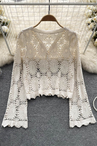 Sunscreen Floral Cardigans V Neck Long Sleeves Loose Knitted Top Beach Vacation Blouse