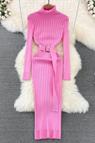 Long High Split Knit Dress Ladies Elegant Sweater Dress