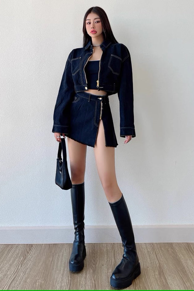 Zipper Denim Set Loose Versatile Short Coat High Waist Split Short Skirt