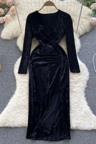 Velvet Long Dress Retro V-neck High Split Elegant Party Dress