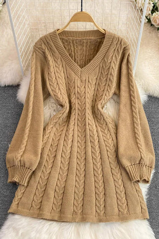 Knitted Elegant Puff Sleeve A-line Short Dress