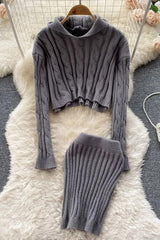 Two Piece Hooded Full Sleeve Knitted Sweatshirt Tops + Skinny Mini Skirts Suits