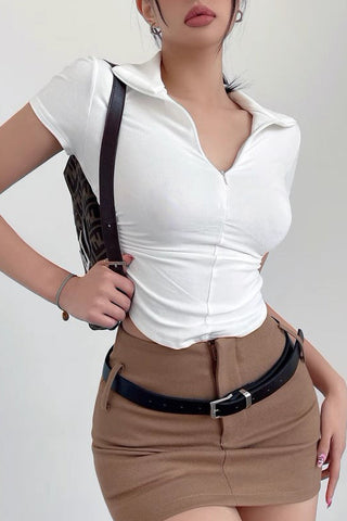 Half Zip Lapel Short Sleeved T-Shirt Elastic Tight Pleated Waist Top