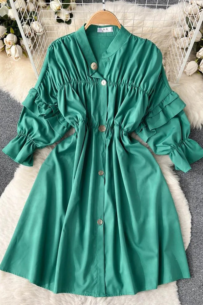 Elegant Puff Sleeve Casual Shirt Dress