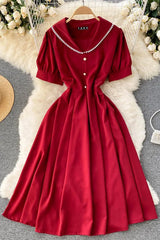 Elegant V-neck Buttons Midi Dress Short Sleeve Female Party Dress