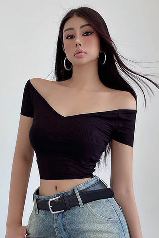 Off Shoulder Elastic T-Shirt Sexy Large V-Neck Top