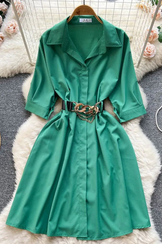 Elegant Vintage Turn-down Collar Casual A-line Shirt Dress