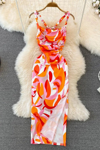 Colorful Print Straps Long Dress Vacation Bodycon Party Dress