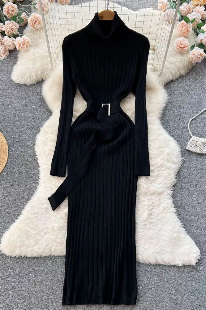 Elegant Turtleneck Knitted Sweater Dress with Belt Lady Wrap Hips Bodycon