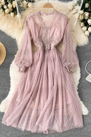 Romantic Lace Two Piece Party Dress Elegant V-neck Long Sleeve Dress