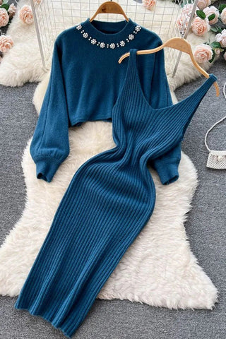 Set Elegant Pearl O-neck Knitted Sweaters + Strap Dress Two Piece Suits