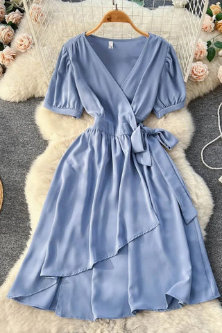 Elegant Puff Sleeve Lace-up Wrap Robe Femme Casual A-Line Long Dress