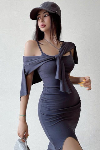 Sexy Tight Bag Hip Side Split Strap Dress+Sun Proof Cardigan Suit Two Piece Set