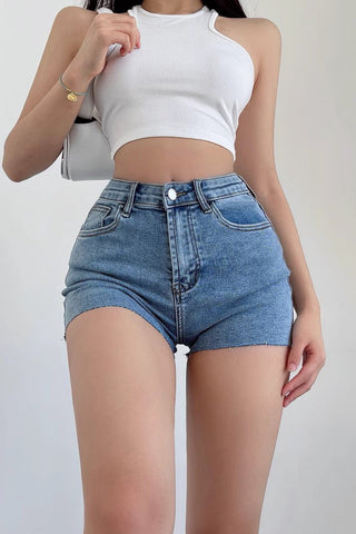 Jeansshorts mit hoher Taille und Wickeldesign für die Hüfte