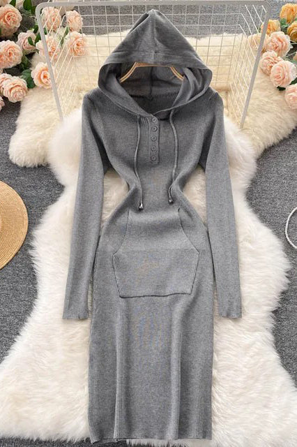 Knitted Dress Hooded Buttons Bodycon Sweater Dress