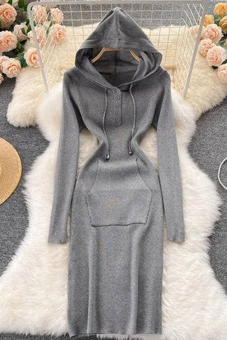 Knitted Dress Hooded Buttons Bodycon Sweater Dress