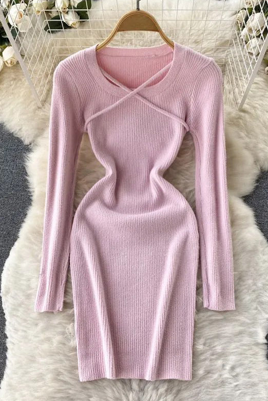 Soft Clothes Casual Long Sleeve Knitted Bodycon Vestidos Lady Dress