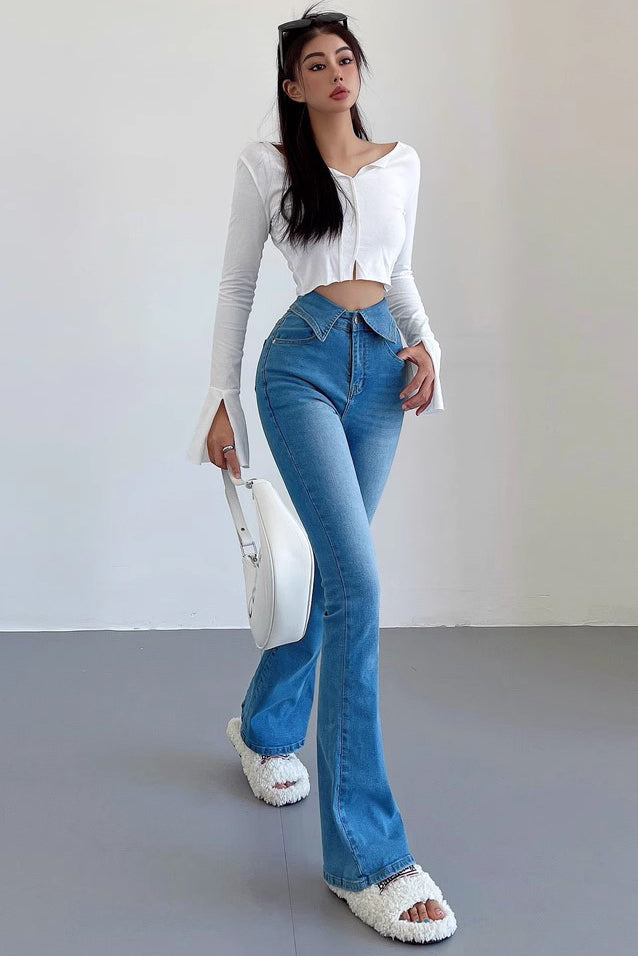 Pantalon en jean taille haute élastique à revers