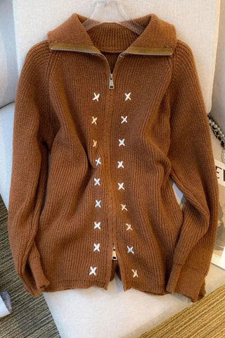 Cardigans Turn-down Collar Long Sleeve Zipper Knitwear Coat Casual Fitted Female Sweaters