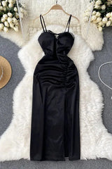 Romantic Satin Bodycon Party Dress Waist Ruched Split Gothic Lace Patchwork Long Dress