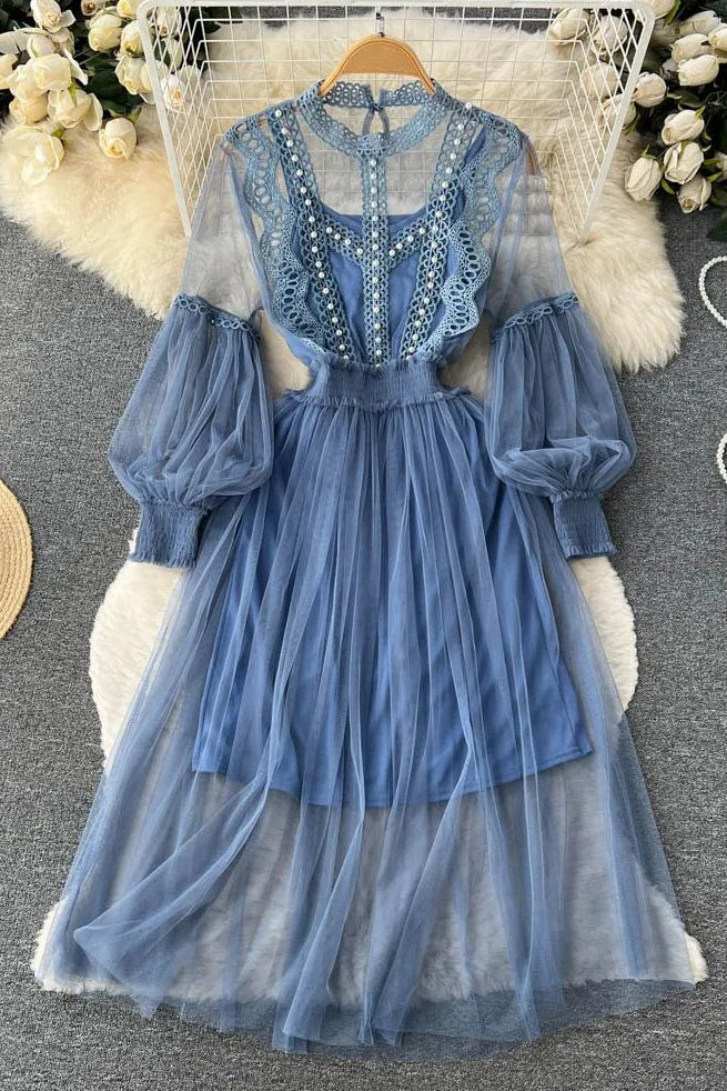 Romantic Lace Beading Party Dress Elegant Lantern Sleeve Gothic Long Dress Two Piece Set