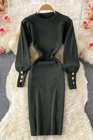 Robe pull élégante en maille élastique à manches bouffantes