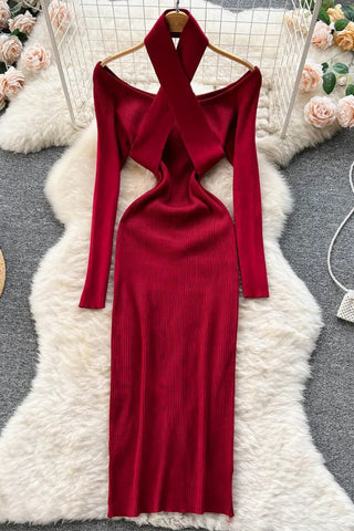 Elegant Cross Knitted Bodycon Dress Slim Elastic Long Sleeve Sweater Dress