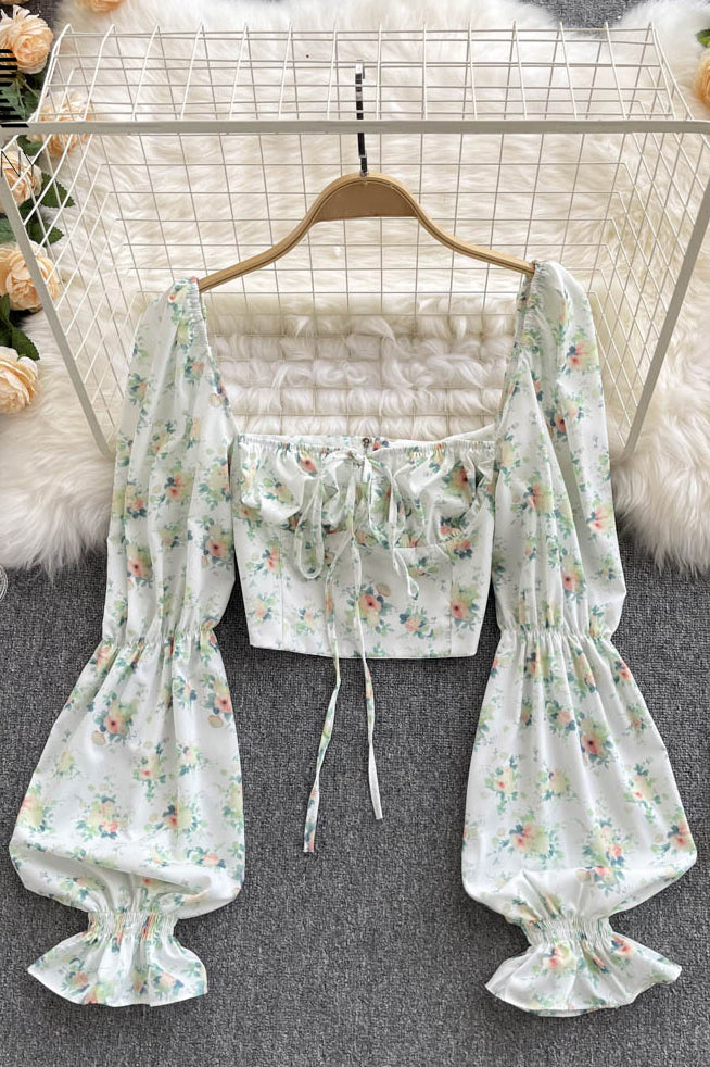 Floral Blouse Off Shoulder Floral Shirt Back Female Lantern Sleeves Corset Print Tops