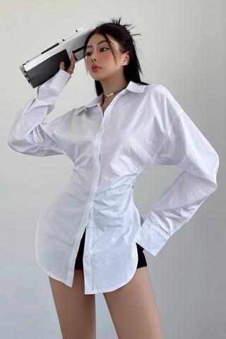 Pleated Waist White Shirt Top Chic Long Sleeved Shirt