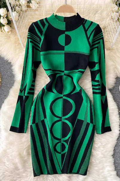 Knitted Bodycon Dress Geometric Long Sleeve Elegant Ladies Dress