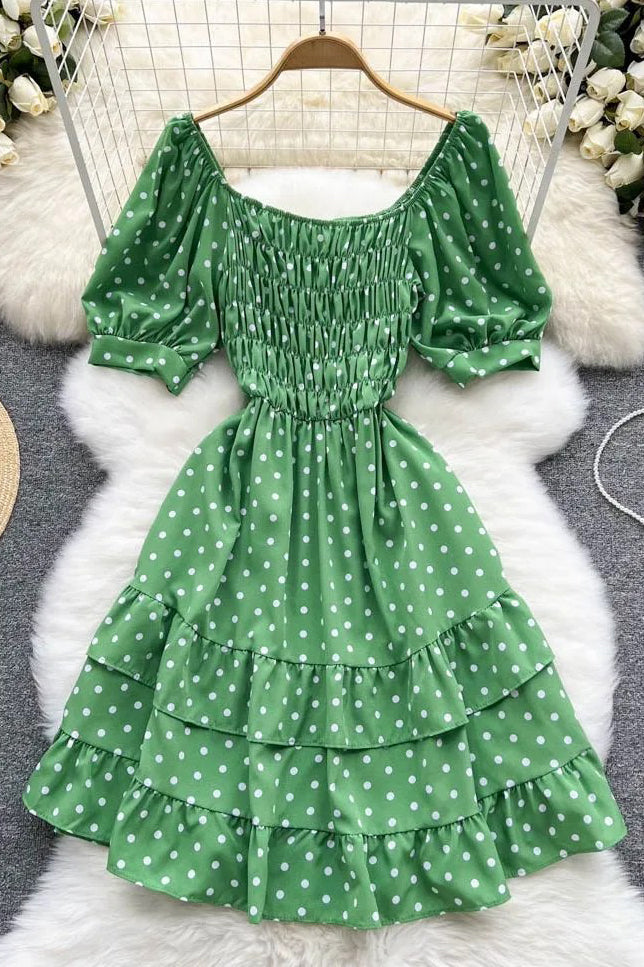 Elegant Cascading Ruffles Dress Vintage Puff Sleeve Print Polka Dot Short Party Dress