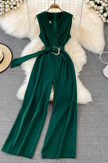 Elegant Office Long Wide Leg Pants With Belt Sleeveless Female Playsuits