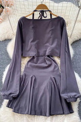 Backless Sleeveless Mini Dress Long Sleeve Crop Tops Two Piece Set