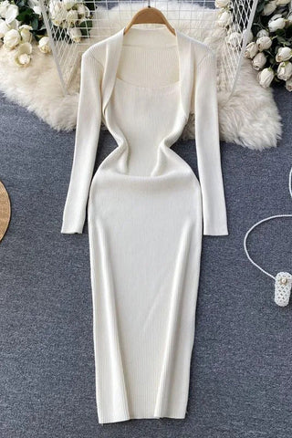 Elegant Square Collar Knitted Bodycon Long Dress