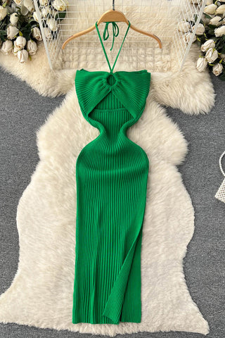 Knit Dress Slim Backless Hollow Out Ladies Elegant Long Dresses