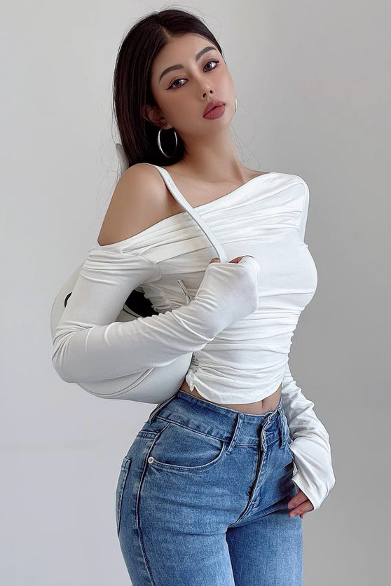 Tight Off Shoulder White Pleated T-Shirt