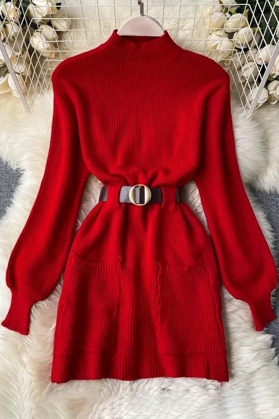 Sash Bandage Elegant Puff Sleeve Knitted Short Dress