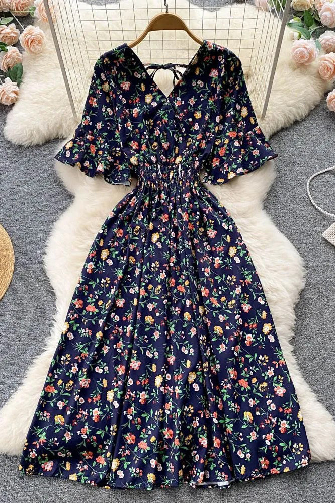 Floral Print Romantic Slim Elastic Waist Long Dress