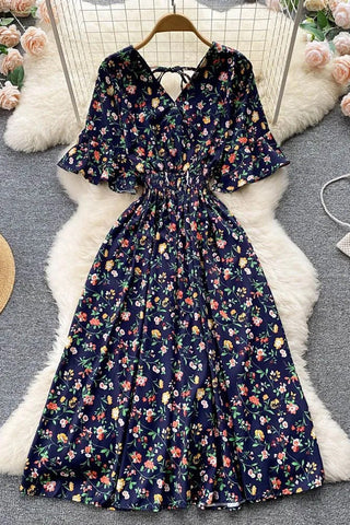 Floral Print Romantic Slim Elastic Waist Long Dress